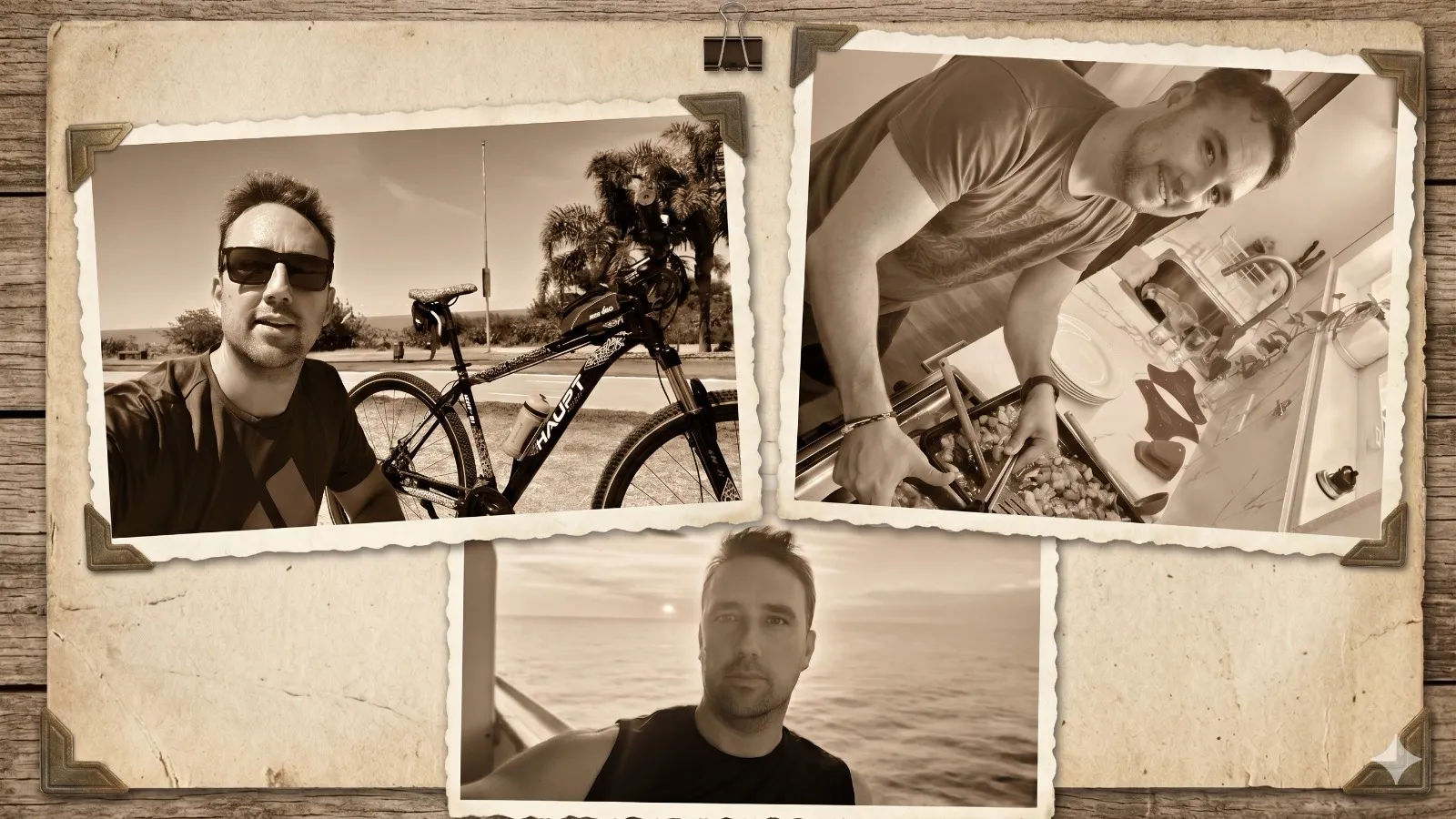 Collage de fotos de Nico, creador de Planchetísimo: en bici, cocinando en la planchetta y junto al mar.